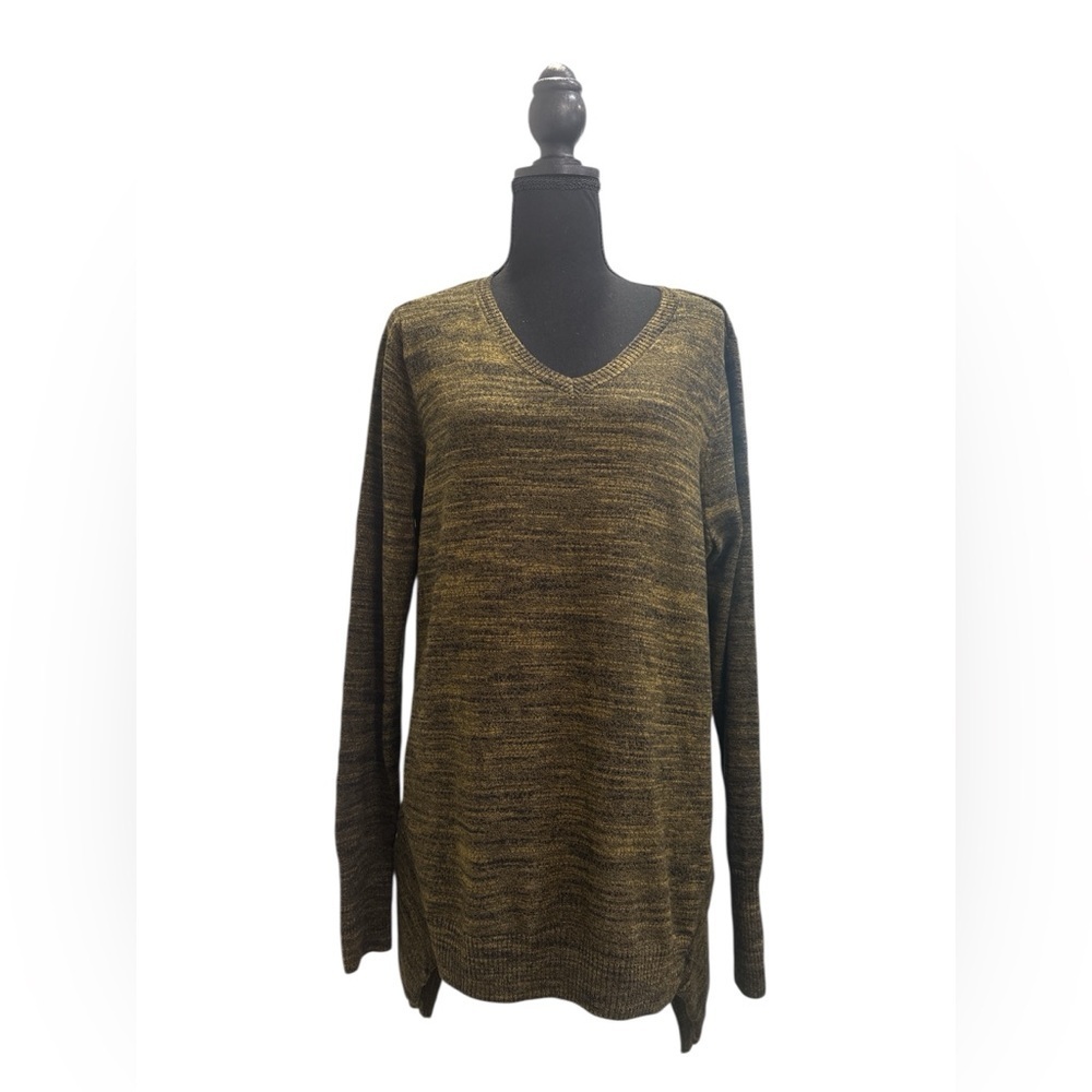 LOGO Lori Goldstein Cotton Cashmere Asymmetric Sweater Pockets Brown Green Large